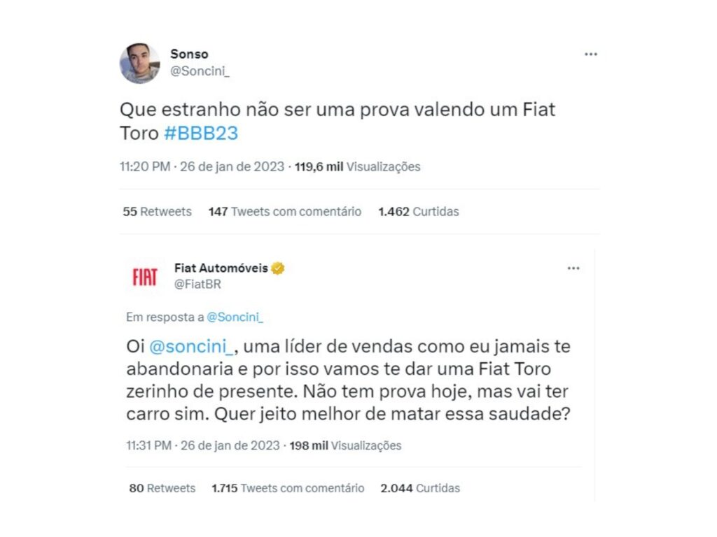 Homem ganha Fiat Toro zerado de presente após fazer Twitter durante prova do BBB23