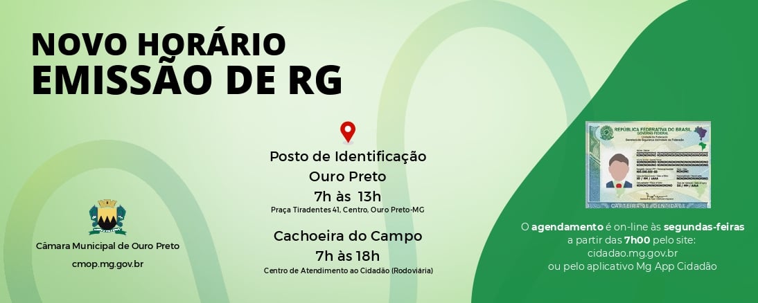 Novo horário de emissão de carteiras de identidade em Ouro Preto