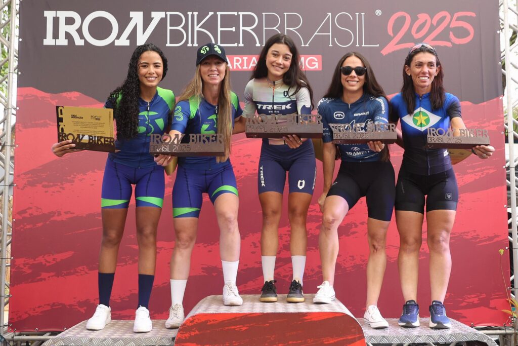 Pódio da categoria feminina do Iron Biker Brasil 2025 em Mariana-MG — Crédito: Ane Souz
