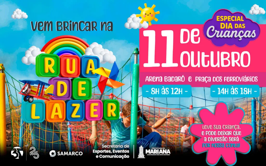 Mariana-MG: Ruas de Lazer terão edição especial do Dia das Crianças com música, teatro e diversão gratuita