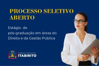 Câmara de Itabirito abre seleção para estágio de pós-graduação com bolsa de dois salários mínimos